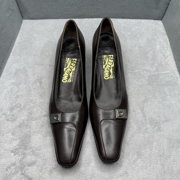 Salvatore Ferragamo Shoes - Salvatore Ferragamo Chocolate Brown Leather Square-Toe Pumps